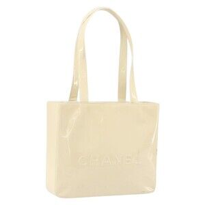 Chanel Tote Bag Patent Leather Beige Gold CC